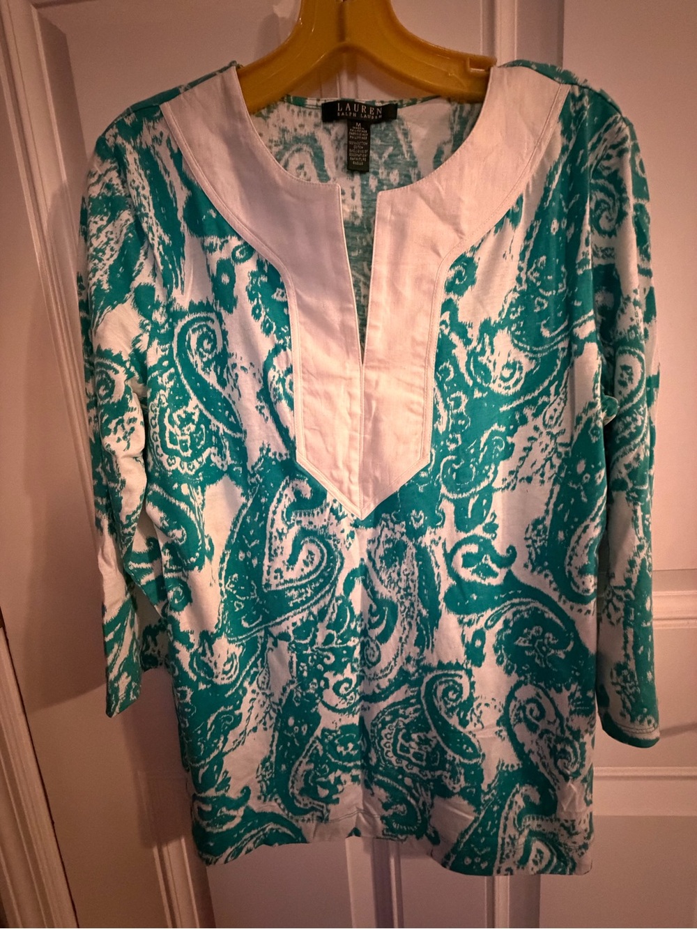 Lauren Ralph Lauren Teal and White Paisley Split-Neck Tunic